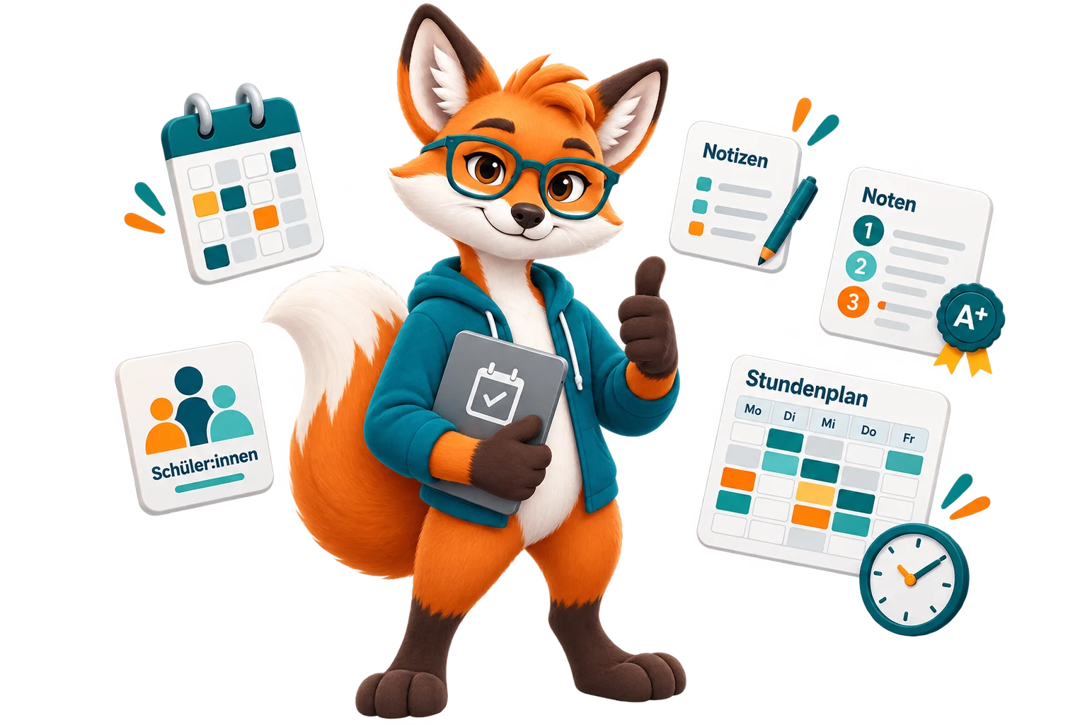Das Maskottchen von Mein Schulorganizer mit Tablet, umgeben von
                        Karten für Schüler:innen, Kalender, Notizen, Noten und Stundenplan.